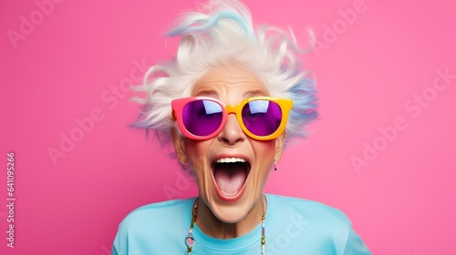 A woman with white hair and sunglasses making a funny face photo