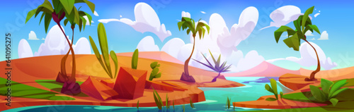 River in Egypt sand desert with palm tree vector. Hot ground and hills near nile. Oasis with cactus plant and bush environment location on sunny day. Drought rock terrain with stream water mirage