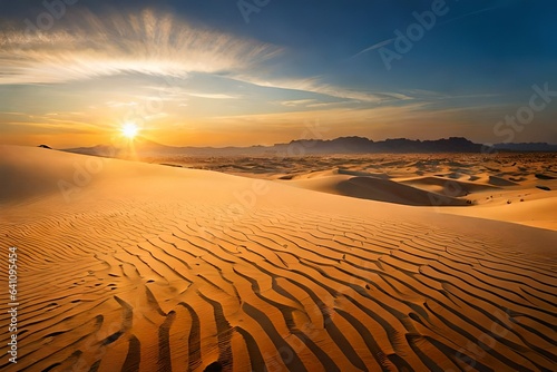 A vast expanse of sand dunes stretches into the distance under the warm hues of a setting sun