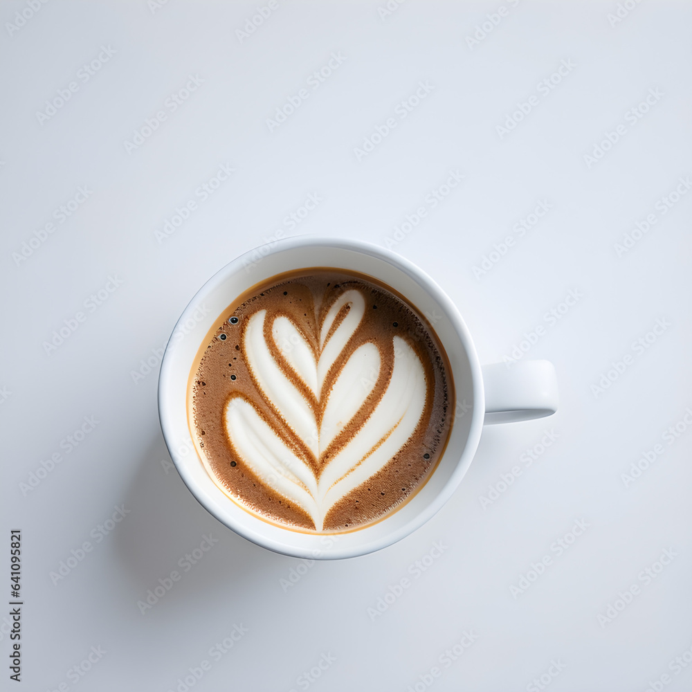 Generative KI Kaffee in Kaffeetasse mit Schaum in Herzform weißer Hintergrund Generative KI Kaffee in Kaffeetasse mit Schaum in Herzform weißer Hintergrund