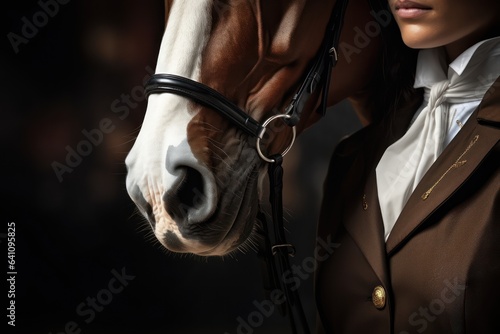 Stylish portrait of a female horsewoman with her horse. Cropped photo. Close-up.