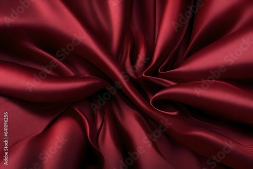 Closeup of rippled maroon color satin fabric cloth texture background