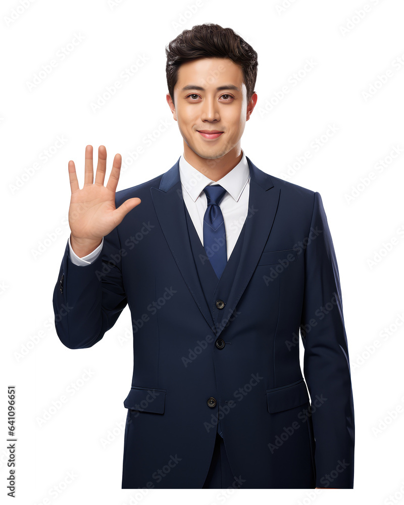 Man, half body, Asian, dark blue suit and happy smiling isolated on transparent background . Generative AI Man, half body, Asian, dark blue suit and happy smiling isolated on transparent background . Generative AI