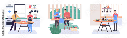 People cooking vegetarian food. Vector illustration. Fresh and healthy food. Vegetarian nutrition. Man woman dining, eat food and bake. Happy culinary. Lady at stove alone. Making dishes for holiday
