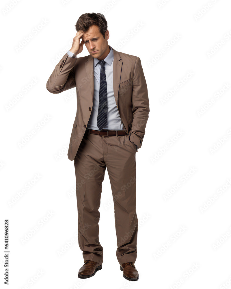full height man dressed in semi formal clothing, hands clasped over ears, looking stressed, strained face isolated on transparent background . Generative AI full height man dressed in semi formal clothing, hands clasped over ears, looking stressed, strained face isolated on transparent background . Generative AI