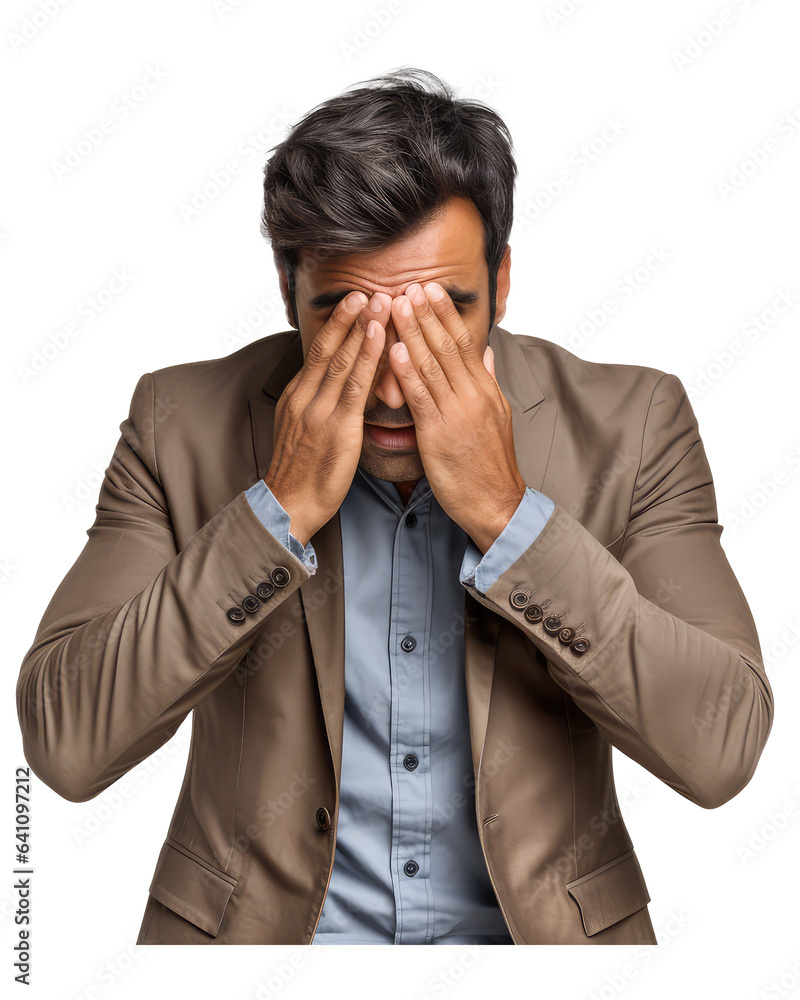 young businessman standing sad isolated on transparent background . Generative AI young businessman standing sad isolated on transparent background . Generative AI