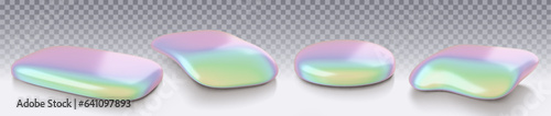 3d holographic product podium stone background. Pastel pink, blue, green abstract stage for studio vector mockup illustration. Realistic y2k gradient girly platform with shadow isolated for gallery