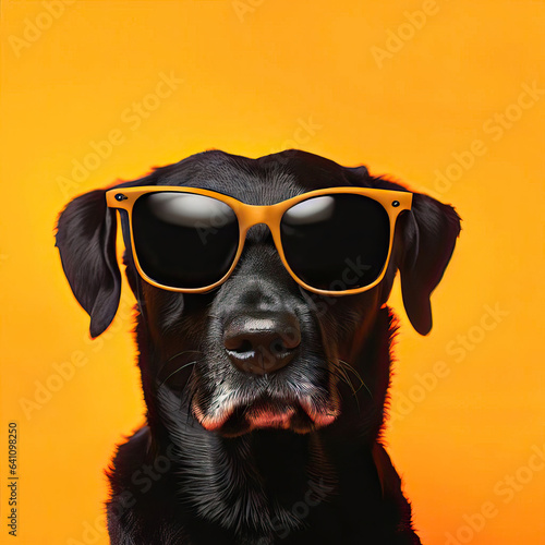 Isolated funny and cute young black labrador wearing  yellow sunglasses on a yellow background Generative AI   © Ai PB