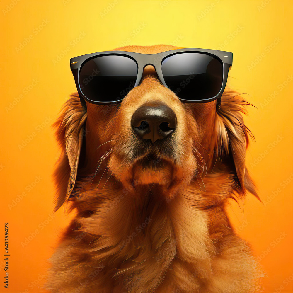 Funny dog with a yellow background and black  glasses Generative AI 