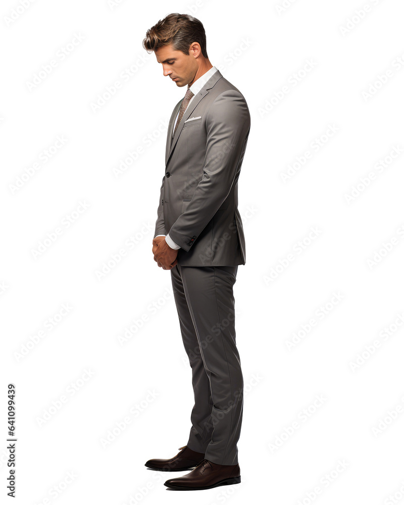 full body of 30 years old businessman looking down face down isolated on transparent background . Generative AI full body of 30 years old businessman looking down face down isolated on transparent background . Generative AI