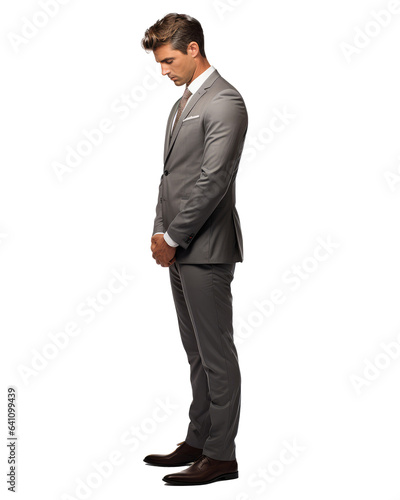 full body of 30 years old businessman  looking down face down isolated on transparent background . Generative AI