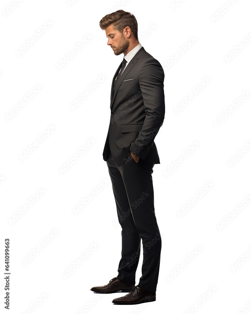 full body of 30 years old businessman looking down face down isolated on transparent background . Generative AI full body of 30 years old businessman looking down face down isolated on transparent background . Generative AI