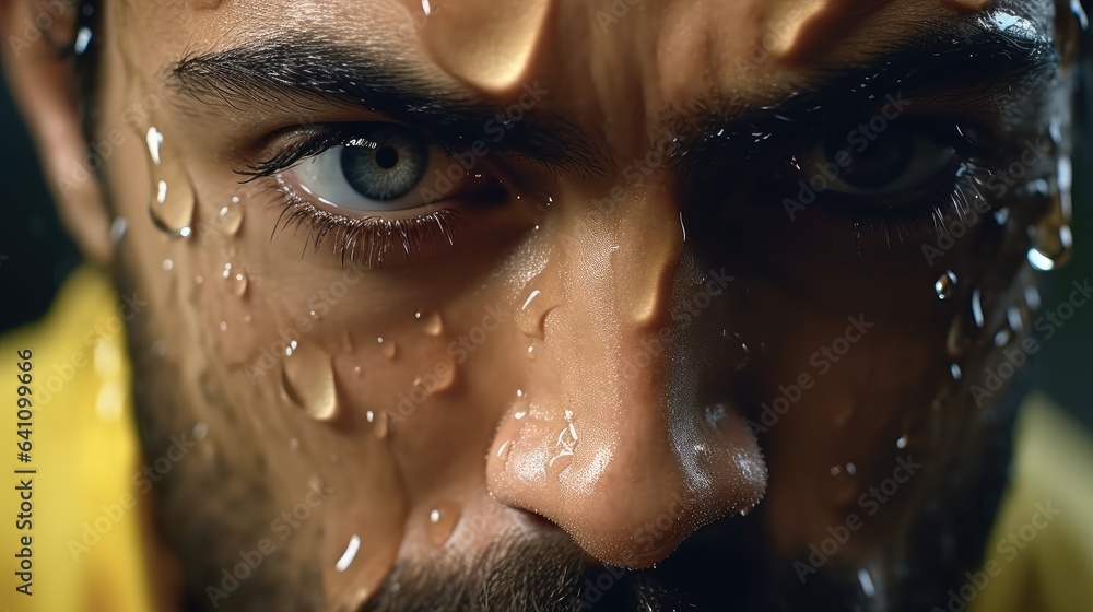 Extreme close up of a professional athlete with sweat pouring down his face.