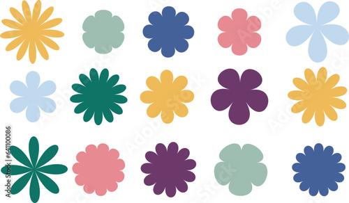 Groovy daisy flowers set. Flat color icons. Simple flower silhouette. Retro vintage style, hand drawn decorative elements. A set of vector vintage flowers. 70s style. Hippie style design, power flower