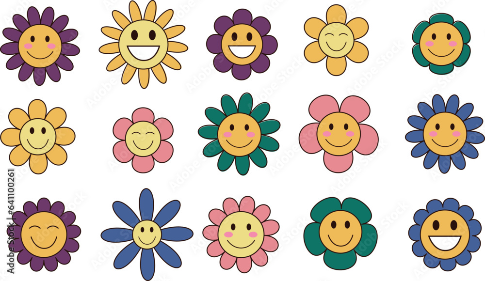 Groovy daisy flowers set. Flat color icons. Simple flower silhouette. Retro vintage style, hand drawn decorative elements. A set of vector vintage flowers. 70s style. Hippie style design, power flower Groovy daisy flowers set. Flat color icons. Simple flower silhouette. Retro vintage style, hand drawn decorative elements. A set of vector vintage flowers. 70s style. Hippie style design, power flower