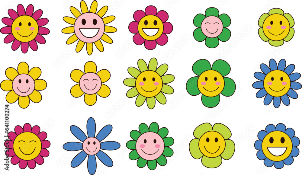Groovy daisy flowers set. Flat color icons. Simple flower silhouette. Retro vintage style, hand drawn decorative elements. A set of vector vintage flowers. 70s style. Hippie style design, power flower Groovy daisy flowers set. Flat color icons. Simple flower silhouette. Retro vintage style, hand drawn decorative elements. A set of vector vintage flowers. 70s style. Hippie style design, power flower