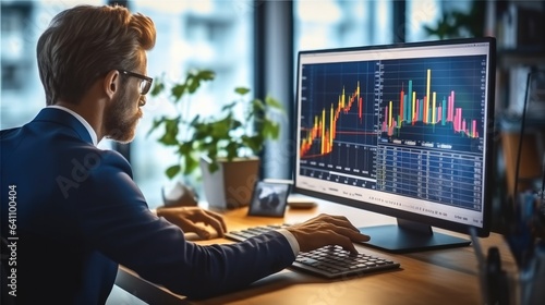 Successful stock market trader looking at graphs on multiple screen monitors.