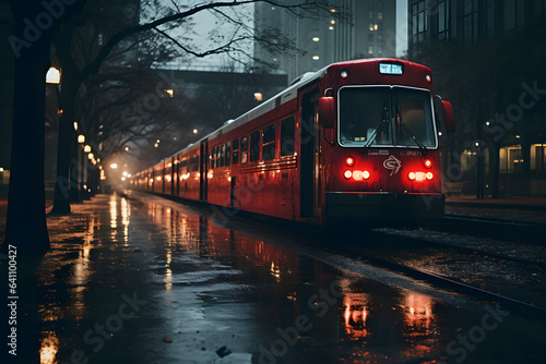 tram in the city at night, urban cinematic photography