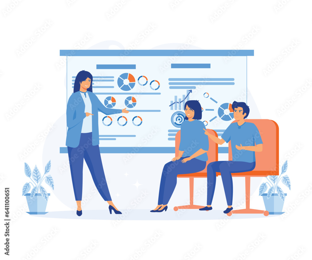 public conference and motivation for business audience. female speaker doing presentation and professional training about marketing, flat vector modern illustration public conference and motivation for business audience. female speaker doing presentation and professional training about marketing, flat vector modern illustration