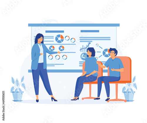 public conference and motivation for business audience. female speaker doing presentation and professional training about marketing, flat vector modern illustration