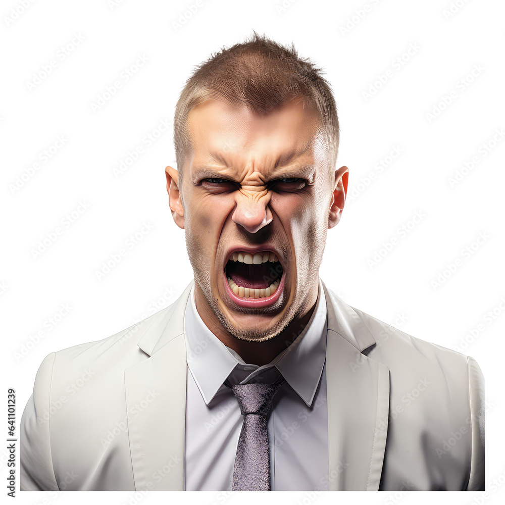 man angry annoying with mouth open isolated on transparent background . Generative AI man angry annoying with mouth open isolated on transparent background . Generative AI