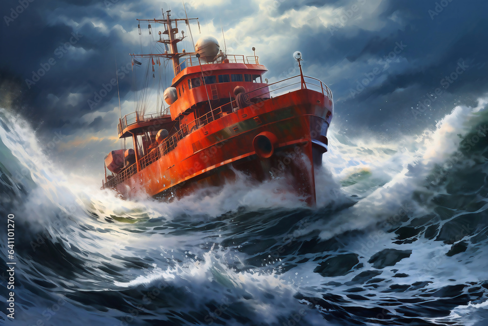 A cargo or fishing ship is caught in a severe storm. Ship at sea on big waves. The threat of shipwreck. Element in the ocean. The hard work of a sailor. A cargo or fishing ship is caught in a severe storm. Ship at sea on big waves. The threat of shipwreck. Element in the ocean. The hard work of a sailor.
