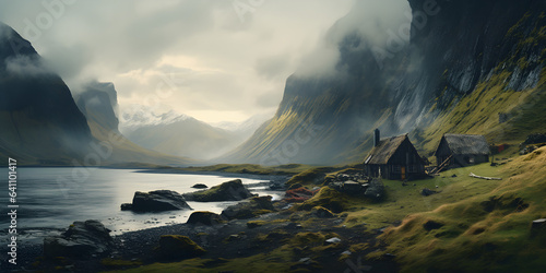 misty lakeside cottage landscape with clouds, panoramic cinematic photography