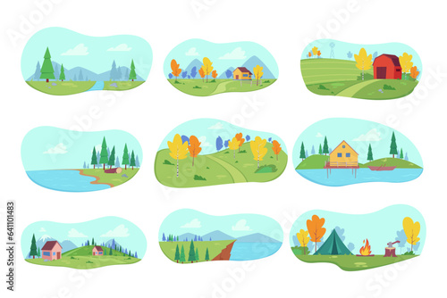 Rural farm landscape vector illustrations set. Forest with river and birch trees  cottage near lake  camping tent and campfire  farmland with fields. Nature  autumn  farming concept