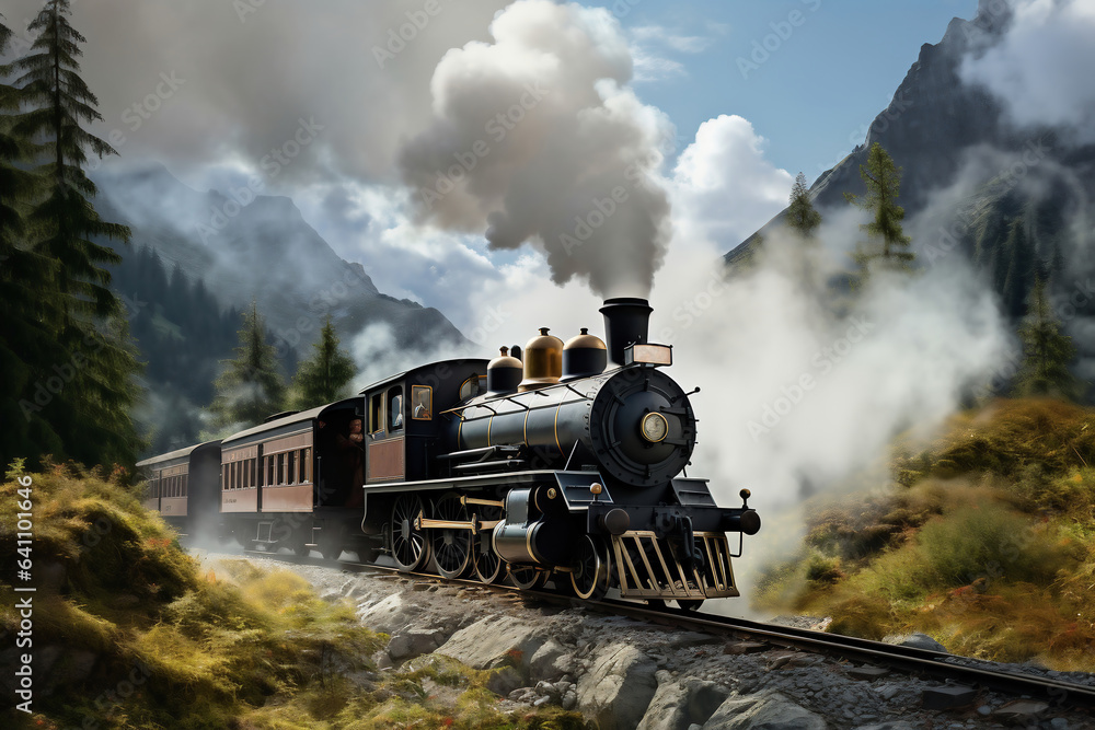 A painting of a train on a train track. The locomotive moves among the mountains and beautiful nature along the rails. Smoke from the chimney of a retro train.