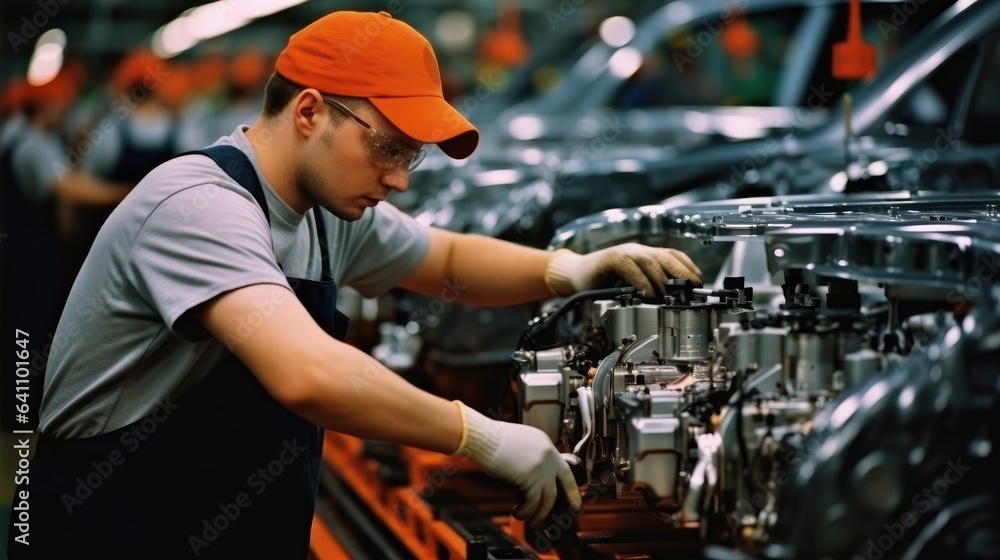Worker attaches components to an auto engine at factory production line. Worker attaches components to an auto engine at factory production line.