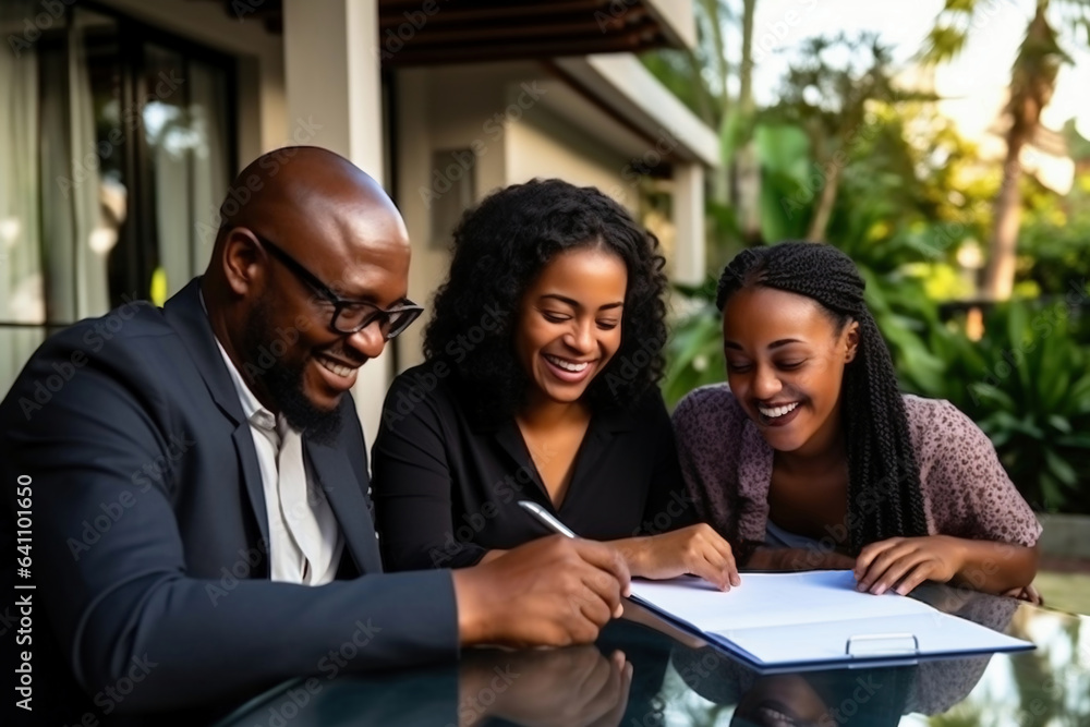 The African American family enters into a lease or purchase agreement for real estate. Business meeting when renting and buying a house, apartment. Mortgage. Affordable housing. The African American family enters into a lease or purchase agreement for real estate. Business meeting when renting and buying a house, apartment. Mortgage. Affordable housing.