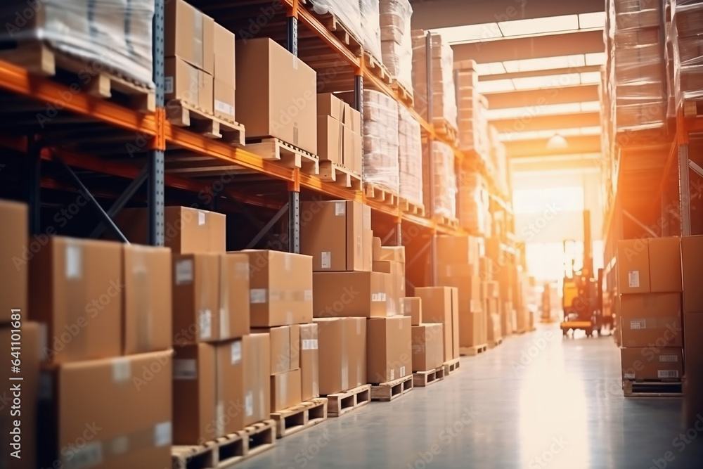 A large warehouse filled with neatly stacked boxes. Selective focus. Large space for storing and moving goods. Logistics. Trade in the modern world. A large warehouse filled with neatly stacked boxes. Selective focus. Large space for storing and moving goods. Logistics. Trade in the modern world.