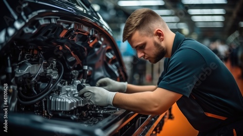 Worker working in auto factory production line.