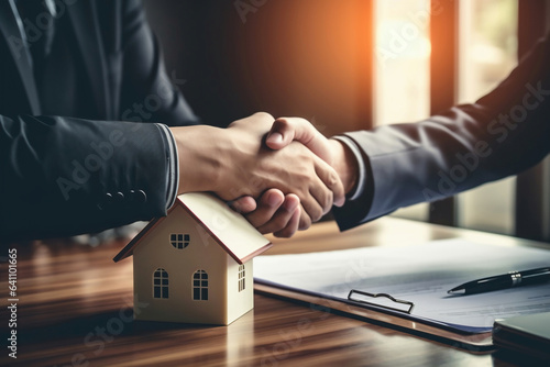 Businessmen shaking hands in a real estate agency. The conclusion of a business transaction with real estate. Confirmation of the contract with a handshake. Mortgage. Renting and buying a house.