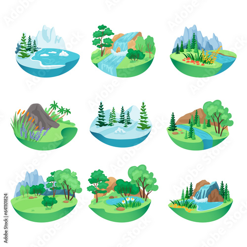 Wildlife nature landscape vector illustrations set. Summer forest, river, waterfall, trees and flowers, winter snow mountains and icebergs in water icons. Nature, travel, climate concept