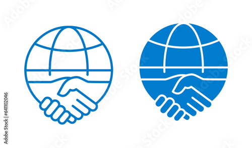 Handshake with globe icons on white background. Vector illustration.