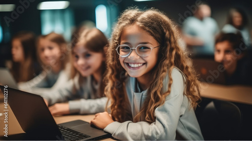 Smiling schoolgirl learning computer in classroom. © visoot