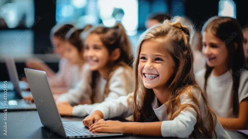 Smiling schoolgirl learning computer in classroom. Smiling schoolgirl learning computer in classroom.