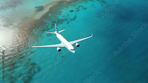 Aerial top view of Airplane flies over a sea