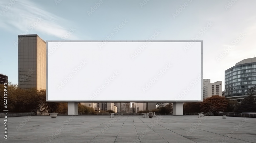 Large billboard advertisement mockup on modern building exterior at large city. Large billboard advertisement mockup on modern building exterior at large city.