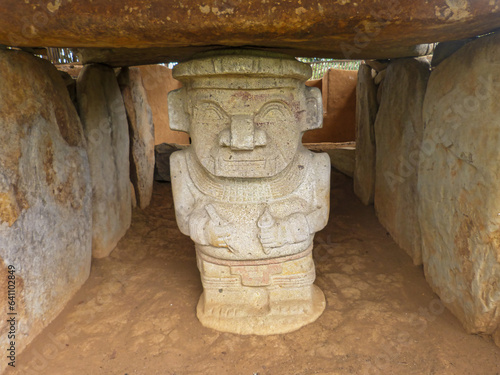 Ancient religious monument and megalithic pre-columbian sculpture in San Agustín Archaeological Park, Colombia, stone statues UNESCO WORLD HERITAGE photo