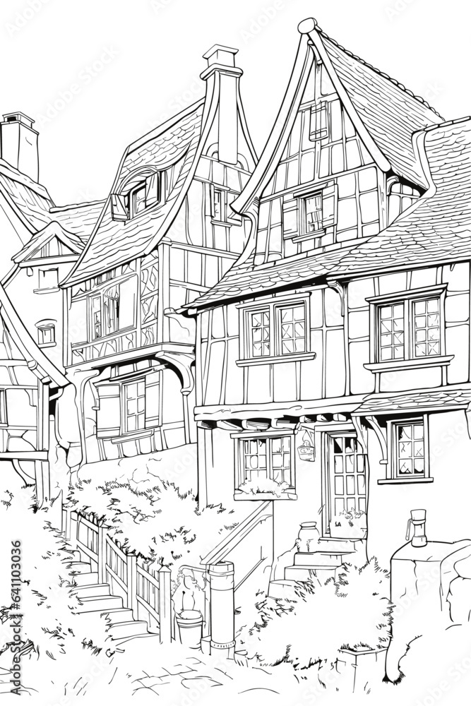 France Eguisheim village cityscape black and white coloring page for adults. Alsace buildings, skyline, street, landmarks vector outline doodle sketch for anti stress color book