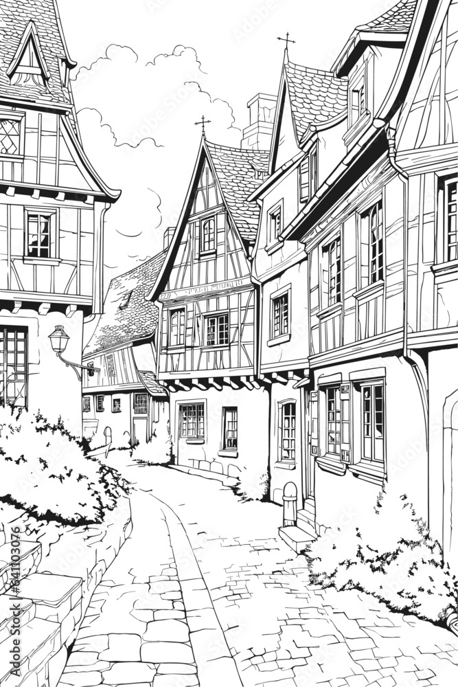 France Eguisheim village cityscape black and white coloring page for adults. Alsace buildings, skyline, street, landmarks vector outline doodle sketch for anti stress color book.