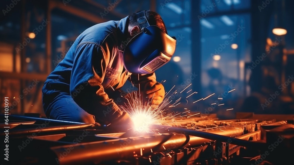 Male welder in a protective mask is welding metal in a factory. Male welder in a protective mask is welding metal in a factory.