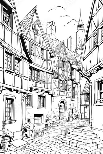 France Eguisheim village cityscape black and white coloring page for adults. Alsace buildings, skyline, street, landmarks vector outline doodle sketch for anti stress color book