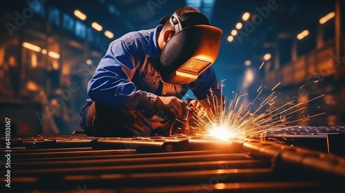 Male welder in a protective mask is welding metal in a factory. photo