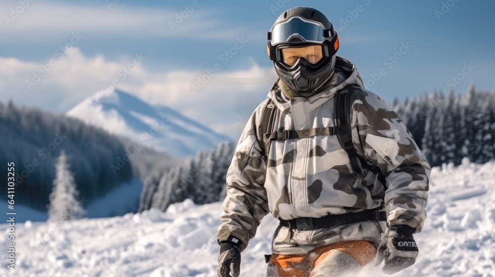 Man in goggles with ski on a snowy mountain.