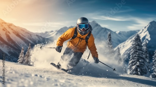 Man in ski on a snowy mountain.