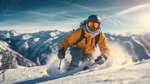 Man in ski on a snowy mountain.