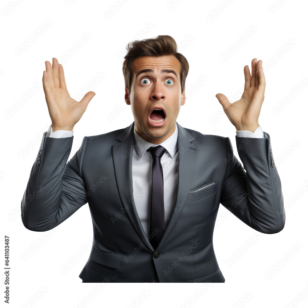 person wearing a suit, hands raised above their head, face facing forward, expression flustered isolated on transparent background . Generative AI person wearing a suit, hands raised above their head, face facing forward, expression flustered isolated on transparent background . Generative AI